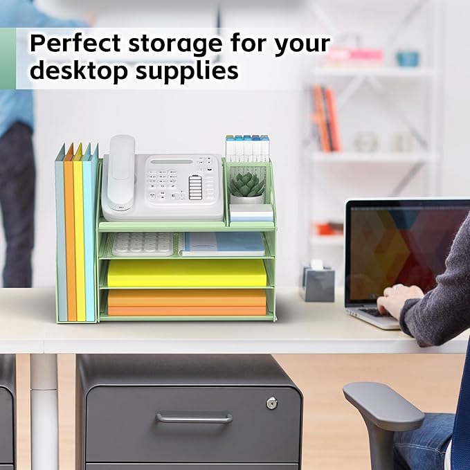 DocNest 4 Tier Paper Letter Tray File Organizer, Mesh Desk File with Handle, Workspace Desk Organizers with Pen Holder, Office Organization Storage Accessories - Green-DeskLoop Office