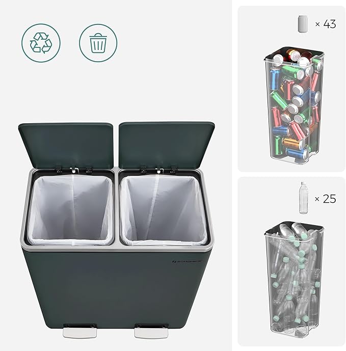SONGMICS Trash Can, 2 x 8 Gallon (2 x 30 L) Garbage Can for Kitchen, with 15 Trash Bags, 2 Compartments, Plastic Inner Buckets and Hinged Lids, Airtight, Greenish-Gray ULTB60GS02-DeskLoop Office