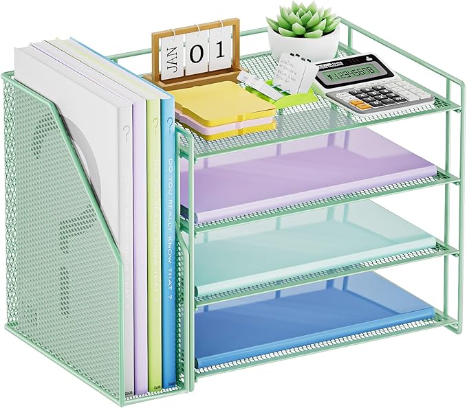Marbrasse Desk Organizer and Accessories,4-Tier Paper Letter Tray Organizer with File Holder,Desk Accessories & Workspace Desktop Organizers for School Home Office Supplies (Green)-DeskLoop Office