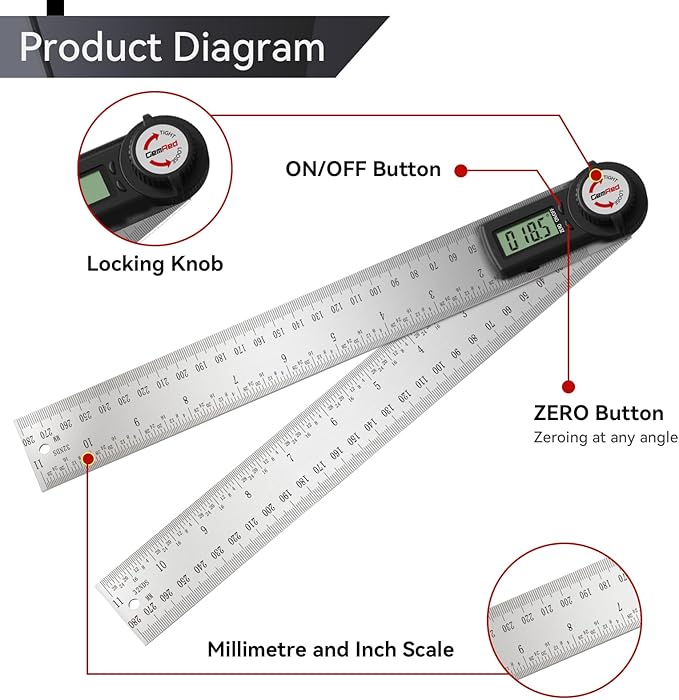GemRed 82305 Digital Angle Finder Protractor (Stainless steel 300mm)-DeskLoop Office
