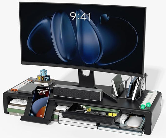 OImaster Monitor Stand Riser, Foldable Computer Monitor Riser, Adjustable Length Computer Stand and Storage Drawer & Pen Slot, Phone Stand Compatible Computer, Desktop, Laptop, Save Space (Black)-DeskLoop Office