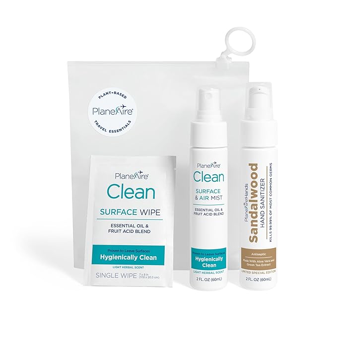 Travel Essentials | Hygiene Kit | Travel Toiletry Kit | Travel Size | Lotion Hand Sanitizer Sandalwood Scent | Surface Wipes | Individual Travel Wipes | Surface Cleaner | Made with Essential Oils-DeskLoop Office