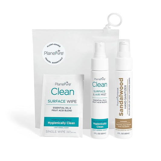 Travel Essentials | Hygiene Kit | Travel Toiletry Kit | Travel Size | Lotion Hand Sanitizer Sandalwood Scent | Surface Wipes | Individual Travel Wipes | Surface Cleaner | Made with Essential Oils-DeskLoop Office