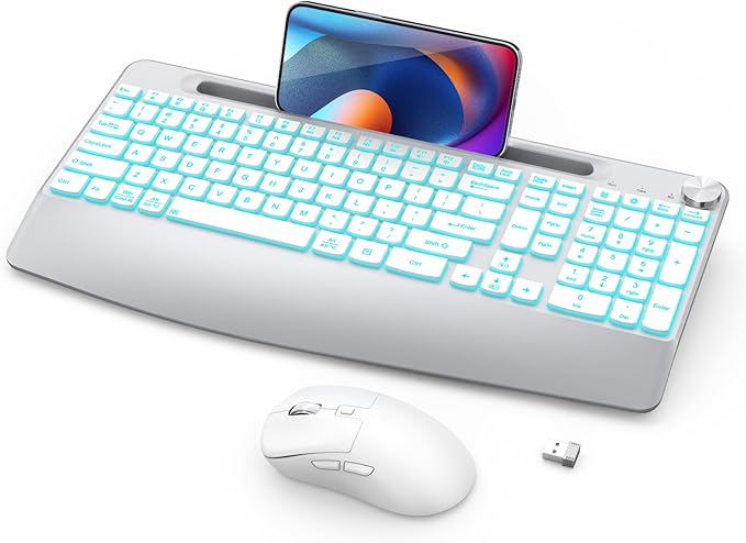 Wireless Keyboard and Mouse Backlits - Full-Sized Ergonomic Lighted Keyboard with Wrist Rest, Phone Holder,2.4GHz Rechargeable Silent Keyboard Mouse Combo for Computer, Laptop, PC, Mac -White-DeskLoop Office