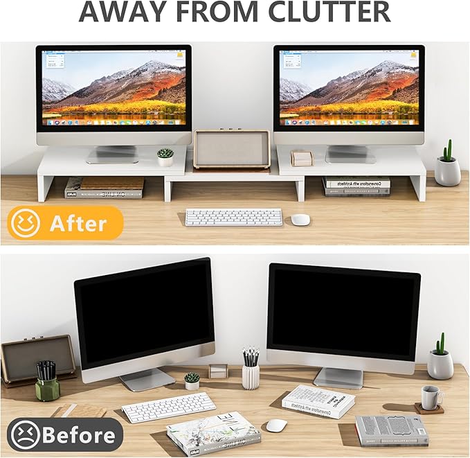 TAVR Furniture Dual Monitor Stand Riser, Computer Monitor Stands for 2 Monitors, Extra Long Multifunctional Desktop Organizer Riser for Computer, Laptop, PC, Printer, TV, Max 43.3" Length, White-DeskLoop Office