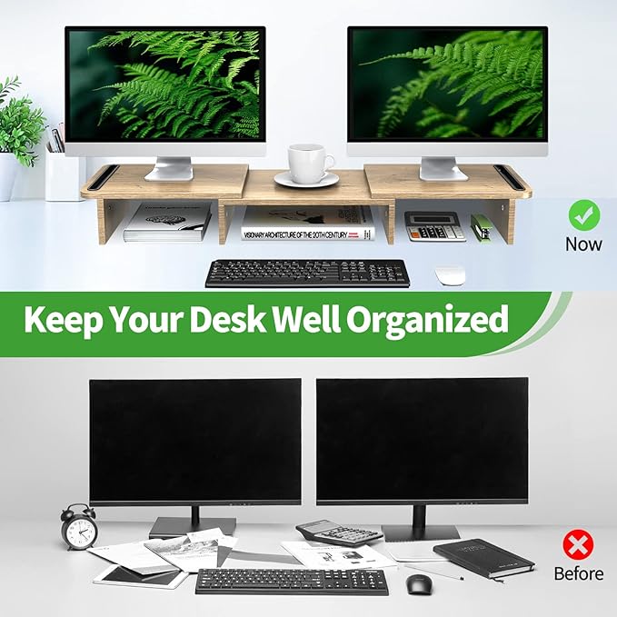 Zimilar Dual Monitor Stand Riser, Monitor Stand with Adjustable Length and Angle, Wood Monitor Stand for Desk, Monitor Riser for 2 Monitors with Storage Space-DeskLoop Office