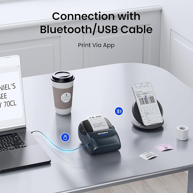 CLABEL Thermal Label Maker Machine: 221B Bluetooth Label Maker Machine with Tape Mini Sticker Printer Barcode Printer Compatible with Smartphone with 1 Roll 40x30mm Label (Blue)-DeskLoop Office