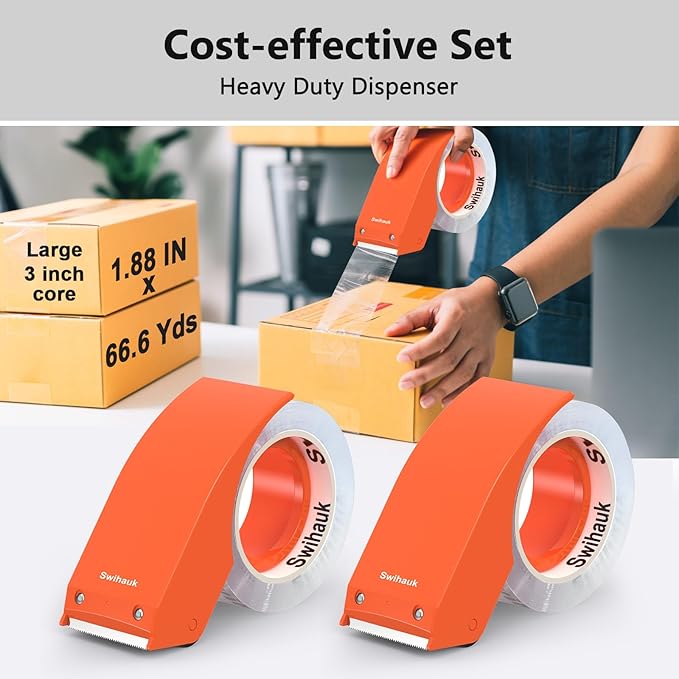 Swihauk 1.88 in x 66.6 YDs Heavy Duty Packing Tape with Dispenser, Strong & Durable Shipping Tape, Packaging Tape, Clear Package Tape for Shipping Moving Storage and Mailing, 2 Roll + 2 Dispenser-DeskLoop Office