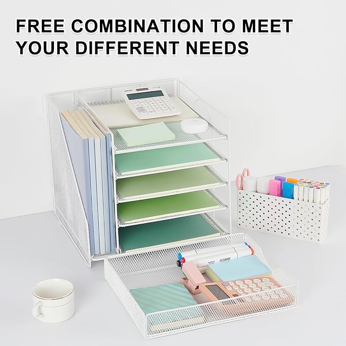 Desk Organizer with Drawer and Pen Holder, 5-Tier Paper Letter Tray Organizer with File Holder, Suitable for Workspace Organizer Office Supplies Storage (White)-DeskLoop Office