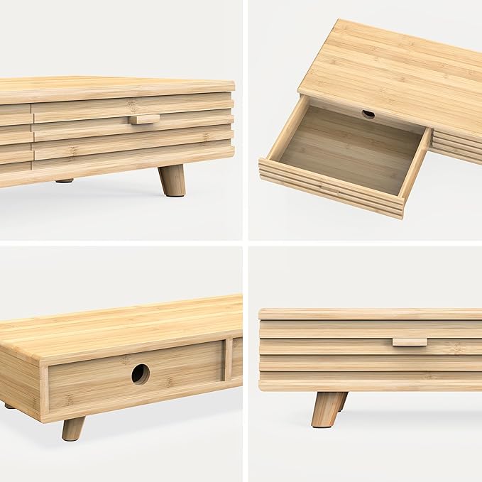 Bamboo Monitor Stand with Drawer - Desk Organizer with Cable Management & Storage, Ergonomic Laptop Riser for Home Office (220lbs Capacity, 24 inch ,Natural)-DeskLoop Office