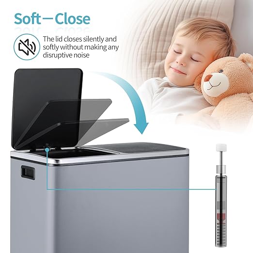 16 Gallon Rectangular Stainless Steel Trash Can, Dual Compartment Garbage Bin with Recycling Combo, Metal Dustbin Lid, Removable Liner, Indoor Hands Free Waste Bucket for Kitchen Home-DeskLoop Office