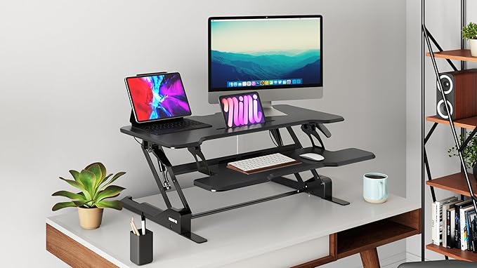 Mount-It! Height Adjustable Standing Desk Converter, 38” Wide, Stand Up Desk Riser for 2 Monitors, Manual Gas Spring Desktop Raises to 16.9", Fits Two Monitor Screens with Keyboard Mouse Tray in Black-DeskLoop Office