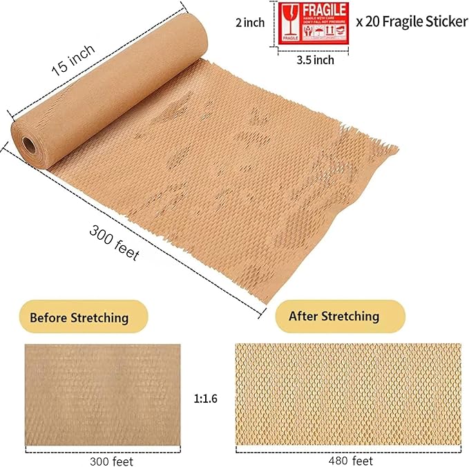 Honeycomb Packing Paper, 15"x300' Honeycomb Cushioning Bubble Wrap Paper Roll for Moving Shipping Breakables Packaging Gifts with 20 Fragile Sticker Biodegradable & Fully Recyclable Brown Kraft-DeskLoop Office