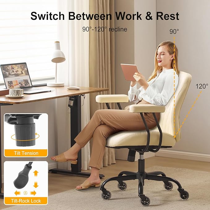 YFO Home Office Desk Chair Office Rubber Casters Ergonomic Computer Chair with Lumbar Support Adjustable Height Rolling Swivel Executive Task Armrests Chair, White Leather