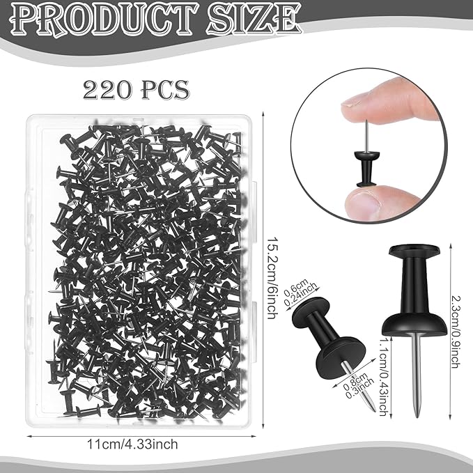 220 Count Black Push Pins Standard Plastic Head Steel Point Thumb Tacks for Cork Board Wall Hanging-DeskLoop Office