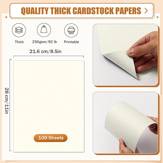 MixTeach 100 Sheets Cream Cardstock 8.5 x 11 Inch Thick Cardstock Paper, 250gsm/92lb Double Sided Cream Card Stock Printer Paper for Cards Making, Crafts, Scrapbook, Invitations, Drawing, Printing-DeskLoop Office