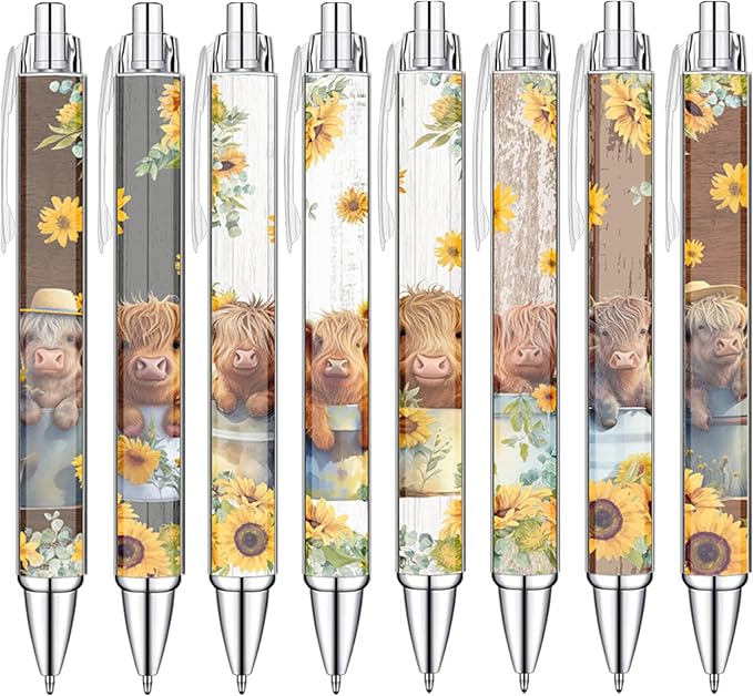 Idealmuzik 8 PCS Cute Highland Cow Print Pens, Cow Lovers Gifts, School Office Supplies, Gifts for Women Girls Teen Christmas New Year-DeskLoop Office