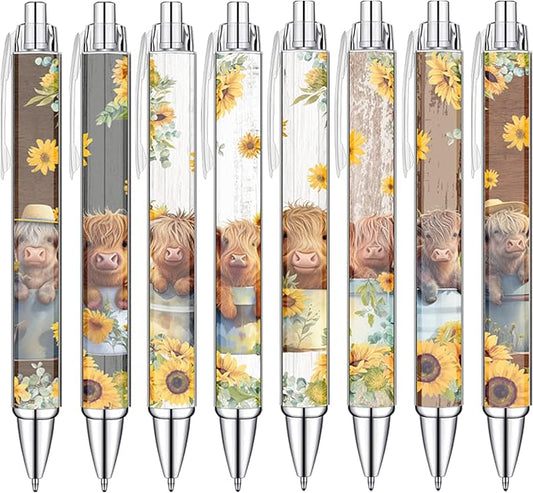 Idealmuzik 8 PCS Cute Highland Cow Print Pens, Cow Lovers Gifts, School Office Supplies, Gifts for Women Girls Teen Christmas New Year-DeskLoop Office