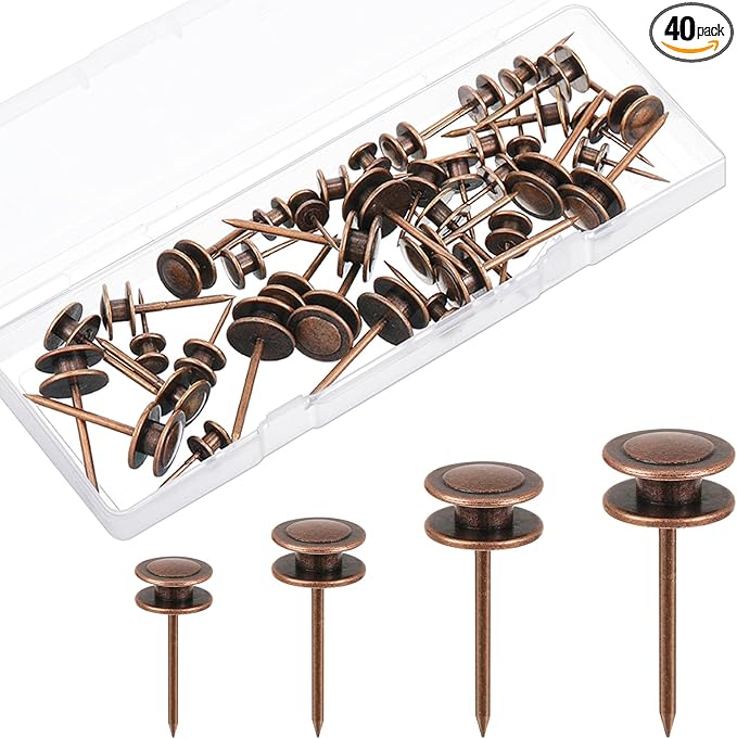 Ferraycle 40 Piece Double Headed Picture Hangers Nails 4 Size Long Thumb Tacks for Wall Hanging Decorative Nails Push Pins Picture Hooks for Drywall Photo Decor, 10/20/ 30/ 50lb(Red Antique)-DeskLoop Office