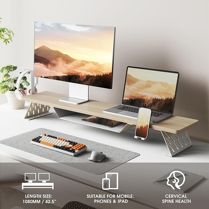 Fenge Dual Monitor Stand, 42.5 Inch Monitor Riser for Desk, Wood Desk Shelf for 2 Monitors, 2 Tier Monitor Shelf with Headphone Stand & Phone Holder-DeskLoop Office