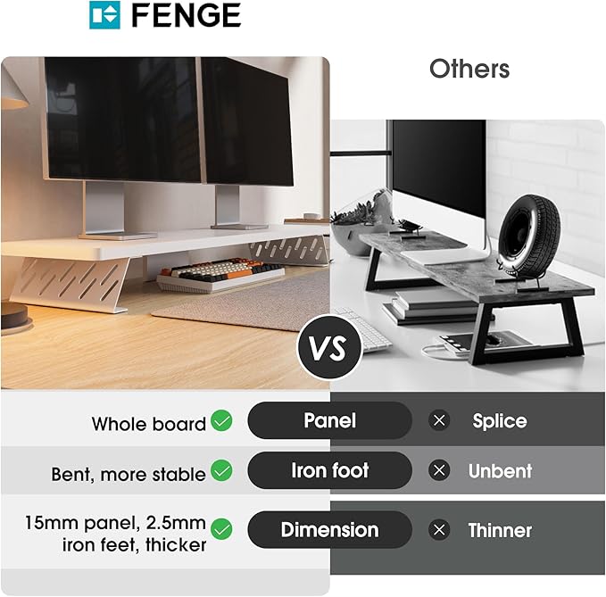 Fenge Dual Monitor Stand Riser, 42.5 Inch Desk Top Shelf for 2 Monitors, Computer Stands for Desk, Wood & Steel Desktop Riser for Laptop, PC, Printer-DeskLoop Office