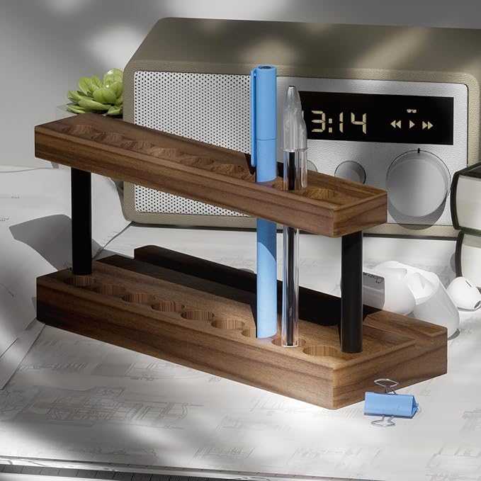 Pencil & Pen Holder for Desk, Solid Walnut Pen Display Stand with 9 Slots and Cell Phone Holder, Aesthetic Pen Organizer for Minimalist Office Desk Decor-DeskLoop Office