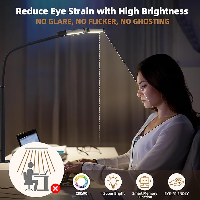 Led Desk Lamp for Home Office, Eye-Care Architect Light with Clamp, Smart Double Head Computer Monitor Table Clip Lamp, Adjustable Flexible Gooseneck, 25 Lighting Models, Task lamp, Black