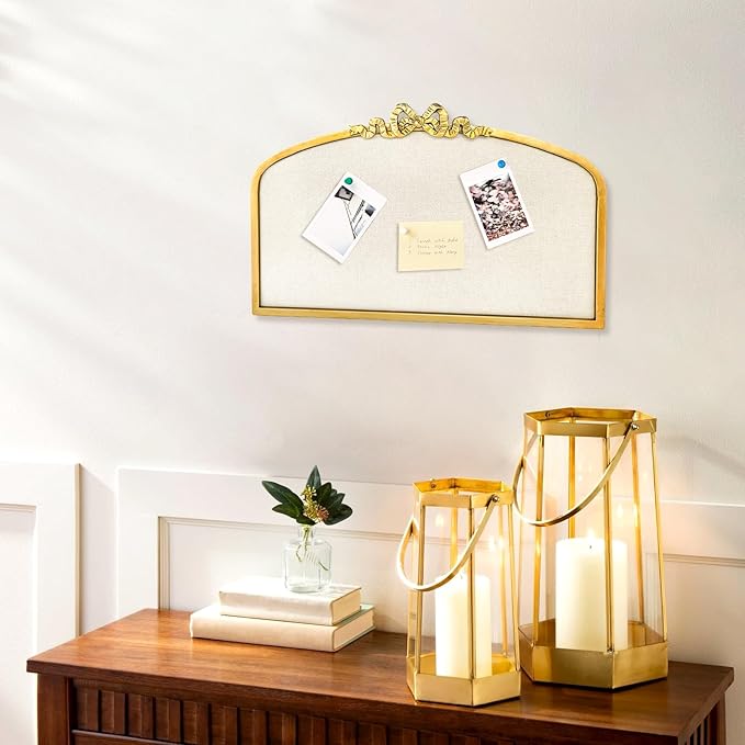 Vintage Arched Linen Cork Board with Gold Bowknot – Decorative Bulletin Board for Walls, Iron Frame Pin Board for Notes, Photos & Reminders, Elegant Vision Board for Home & Office 24"x 15"-DeskLoop Office