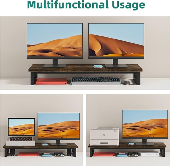 Dual Monitor Stand Riser, 39Inch Large Monitor Stands for 2 Monitors, Computer Monitor Stand, Wooden Desktop Oraganizer Shelf for Office Desk Computer,Laptop,TV-DeskLoop Office