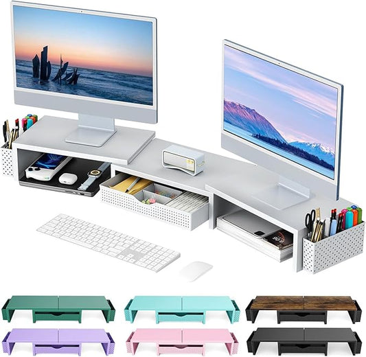 gianotter Dual Monitor Stand Riser, Desk Organizer With Drawer and 2 Pen Holders, Monitor Stand for Desk, Office Decor Essentials (White)-DeskLoop Office