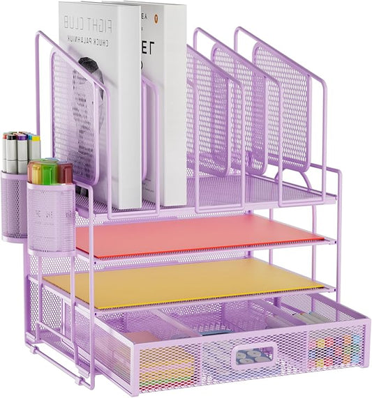 Marbrasse Desk Organizers, 4-Tier Mesh Desk File Organizer with 5 Vertical File Holders and 2 Pen Holders, Multifunction Desktop Organizer,Desk Organizers and Accessories for Home Office (Purple)-DeskLoop Office