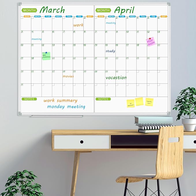 JILoffice Magnetic Dry Erase Calendar Whiteboard, 2 Month White Board Planner 48 X 36 Inch, Silver Aluminum Frame Wall Mounted Board for Office Home and School-DeskLoop Office