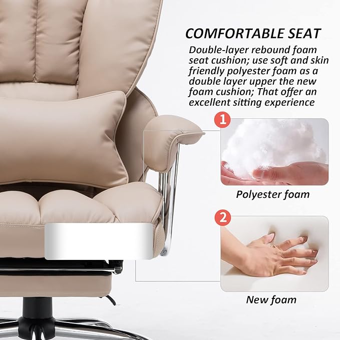 Efomao Big and Tall Office Chair 400lbs – PU Leather Executive Office Chair with Lumbar Support & Leg Rest, Heavy-Duty Computer Chair for Home Office, Dark Beige-DeskLoop Office