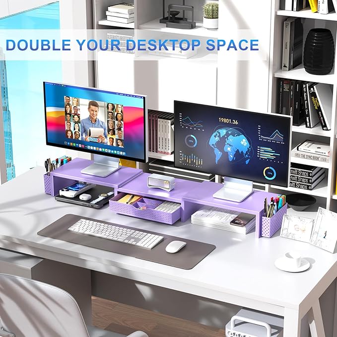 gianotter Dual Monitor Stand Riser, Desk Organizer With Drawer and 2 Pen Holders, Desk Organizers and Accessories, Purple Office Decor (Purple)-DeskLoop Office