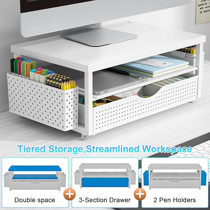 gianotter Wood Monitor Stand Riser, Office Desk Shelf Organizer, Desk Organizer with Drawer and Pen Holder, 2-Tier Computer Stand, Office Organization (Matte White)-DeskLoop Office