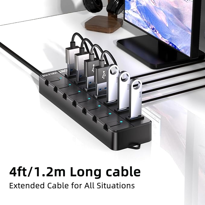 VEMONT 7-Port USB 3.0 Hub (Equipped with a 4-Foot Data Cable, Individual Switch, and Indicator Light, it Supports Data Transfer speeds of up to 5Gbps) Suitable for Desktop Computers and laptops.-DeskLoop Office