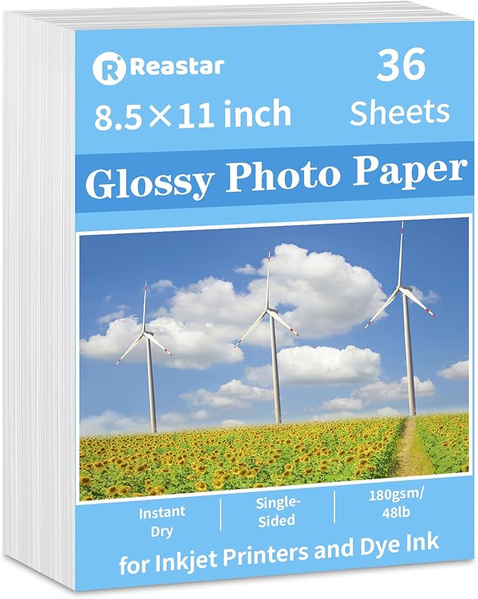 Glossy Photo Paper 8.5 x 11, 36 Sheets Inkjet Photo Printer Paper, Instant Dry Picture Paper for DIY Chip Bag, Flyers, Cards, Calendars and Brochures(180gsm/48lb)-DeskLoop Office