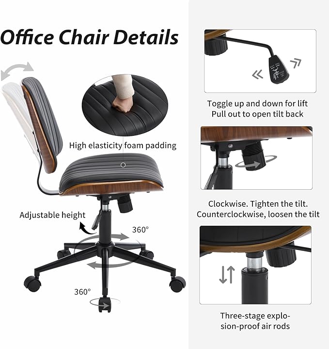 Small Home Office Chair - Armless Mid Back Desk Chair with 360° Swivel and Wheels, PU Upholstered Height Adjustable Modern Walnut Computer Chair for Home, Office Meeting Room - White-DeskLoop Office