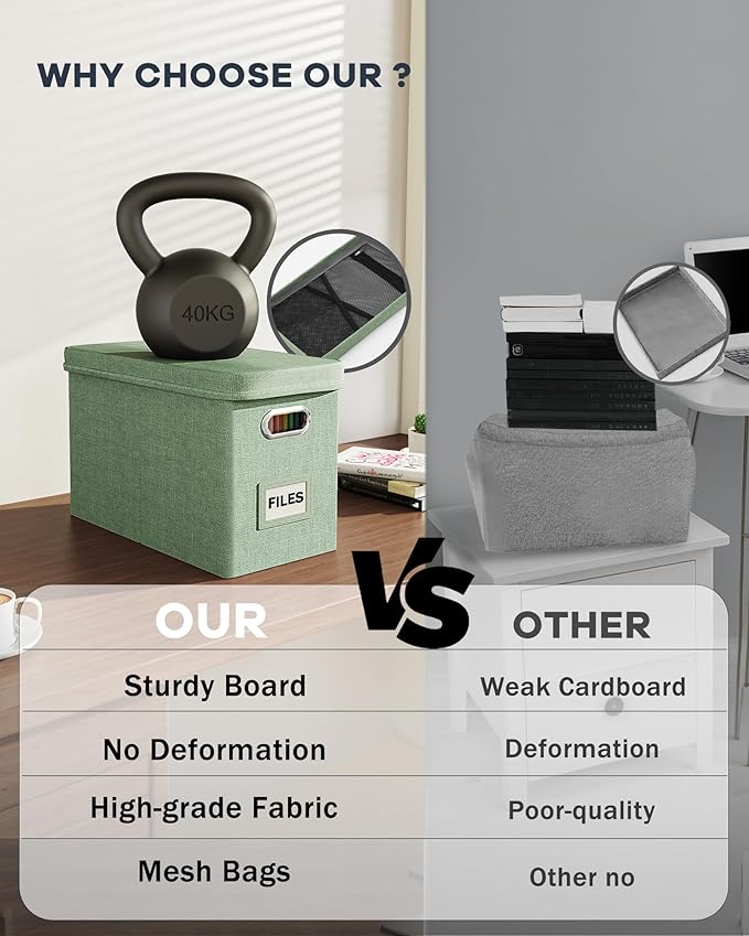 Oterri Hanging Filing File Box with Mesh Pocket, File Organizer Box with Lid, Collapsible Document Organizer Box for Letter Size, Easy Slide Durable Storage Box for Office/Decor/Home (2 PCS, Green)-DeskLoop Office