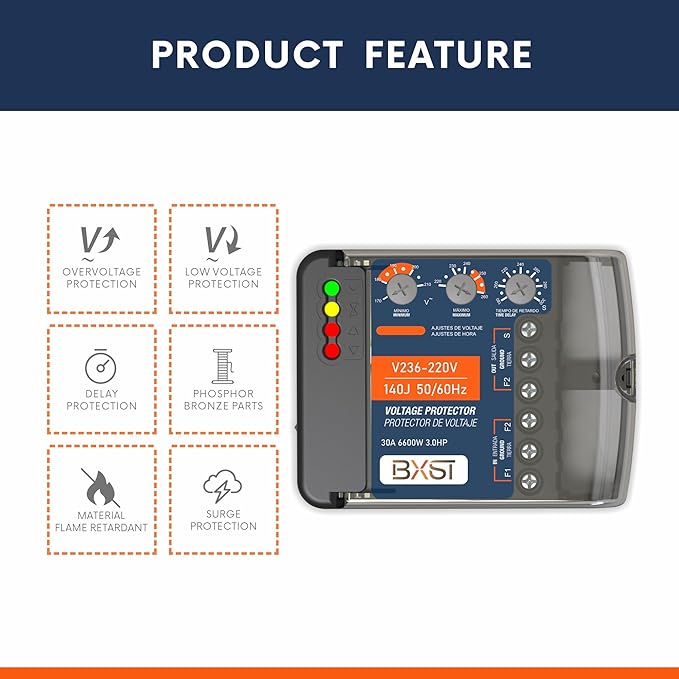 BXST Wiring Surge Protector with Adjustable Over/Under Voltage Protection Power Suppressor Protector, 220V, 30A, Up to 6600W Heavy Duty Power Surge Protection for Refrigerators, Air Conditioning, TV-DeskLoop Office