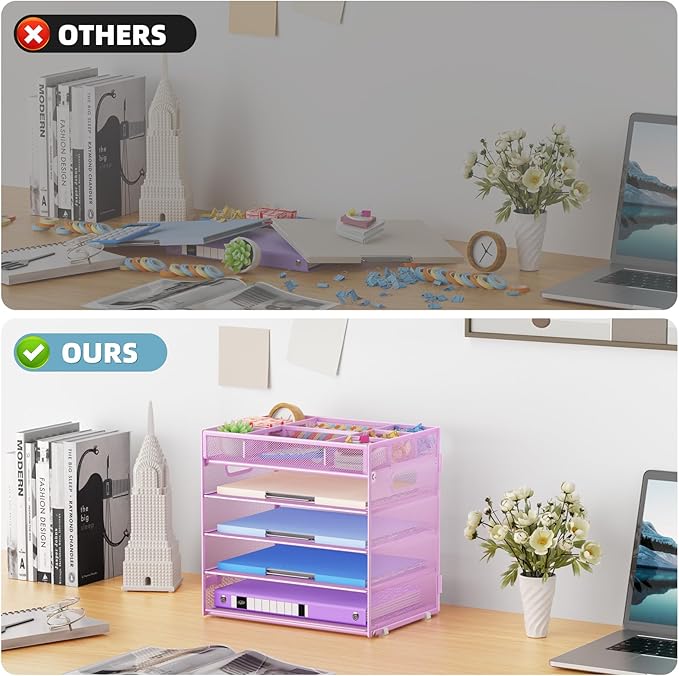 Marbrasse 5-Tier Letter Tray Paper Organizer with Handle, Multi-Functional Mesh File Organizer for Desk, Adjustable Compartments Mesh Desktop Storage for Office Supplies, Purple-DeskLoop Office