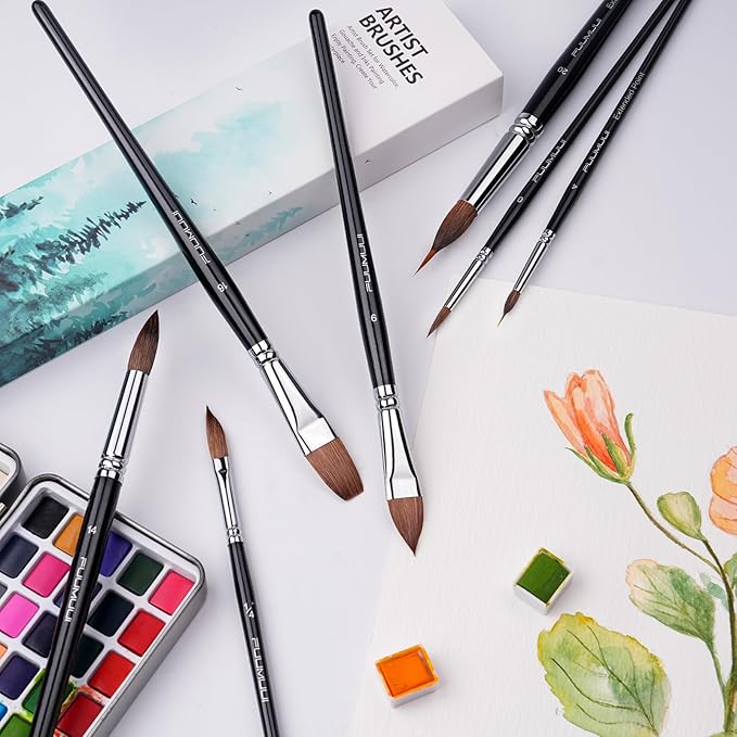 Sable Watercolor Brushes, Fuumuui 7pcs Professional Artist Paint Brushes Set with Extended Needle, Round Point, Flat, Dagger, Cat's Tongue for Watercolor, Acrylic, Gouache – Detail & Wash Painting-DeskLoop Office