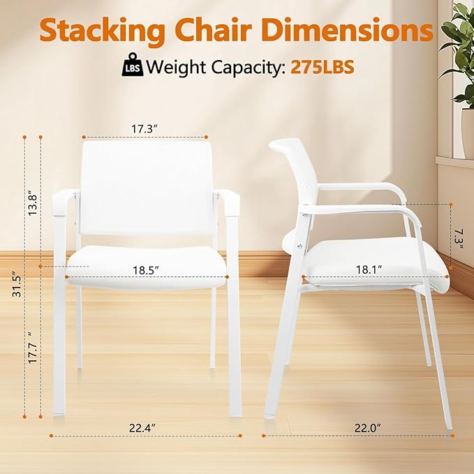 CLATINA Stacking Office Chairs | Mesh Back, Thicken Leather Seat and Arms, Ergonomic Lumber Support | Guest Reception, Waiting, Conference, School, Party, Customer, Side, Stationary | Set of 8, White-DeskLoop Office