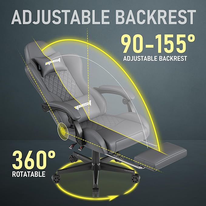 Gaming Chair,Ergonomic Computer Chairs for Adults with Footrest, PU Leather Office Chair with Adjustable Lumbar Support & Pocket Spring Cushion - Heavy Duty 400lb Capacity Gamer Chair (Grey)-DeskLoop Office