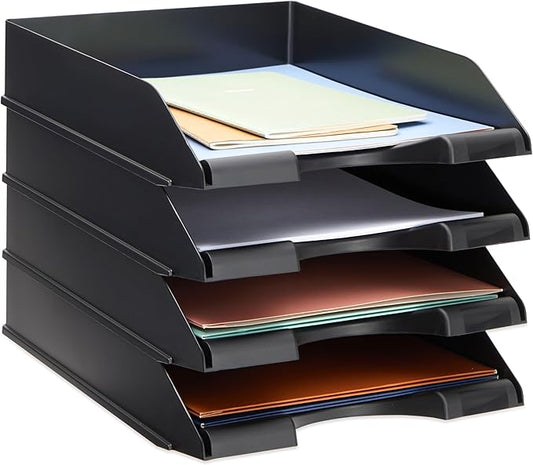 Stockroom Plus Letter Trays - 4-Pack, Black, 10 x 13.5 x 2.5 in - Stackable Paper Trays & Desktop File Organizer - Mail Organizer & Document Storage-DeskLoop Office