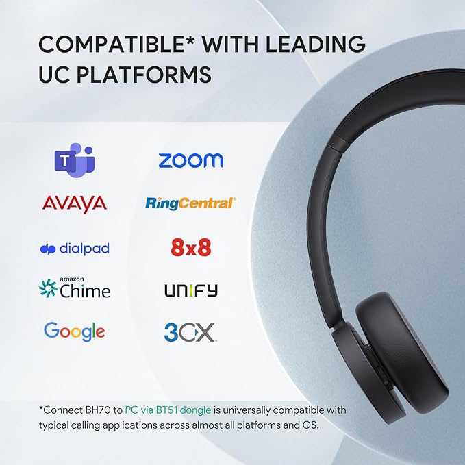 Yealink BH70 Wireless Bluetooth Headset with Microphone for Work, up to 35h Talking Battery Life, 3-Mic, 147g Lightweight Microsoft Teams Certified Headphone for Open Office, USB-C to A-DeskLoop Office