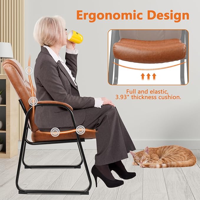 CLATINA Big & Tall 500 lb. Guest Chair, PU Leather Office Reception Chairs with Sled Base, Desk Chair No Wheels for Waiting Room Conference Lobby Computer Living Room, Brown, 2 Pack-DeskLoop Office