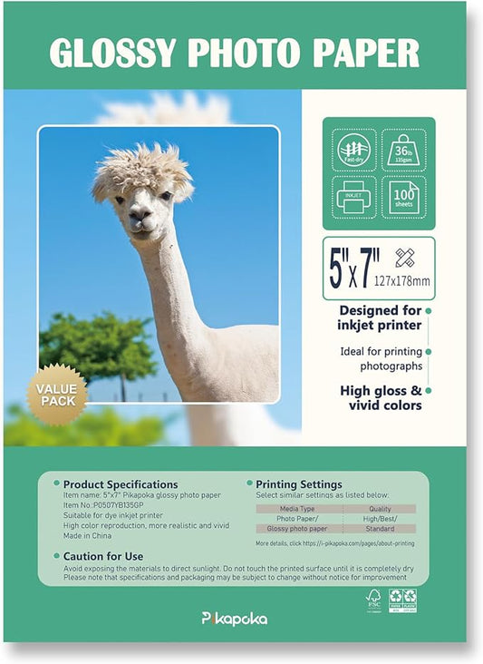 5x7 Glossy Photo Paper for Inkjet Printer, Thin Glossy Photo Paper for Chip Bags, 5R Photo Paper 36 lb, 100 Pack-DeskLoop Office