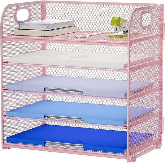 Marbrasse Paper Organizer Letter Tray, 5 Tier Mesh File Organizer with Handle, Paper Sorter Desk Organizer for Home Office Supplies - Pink-DeskLoop Office