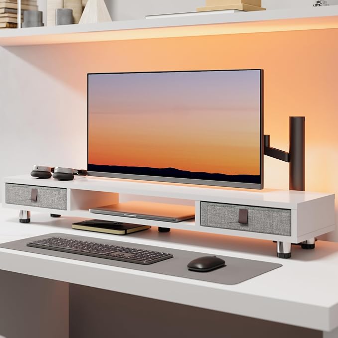 Fenge Dual Monitor Stand with 2 Drawers, 42.5 Inches Large Computer Riser for Desk, Adjustable Height Desk Shelf with Storage for Laptop, PC, TV, Printer-DeskLoop Office